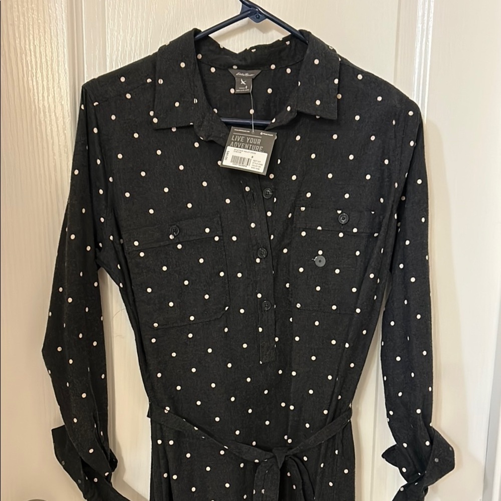 Eddie Bauer Black Notched Collar Long Sleeve Dress
